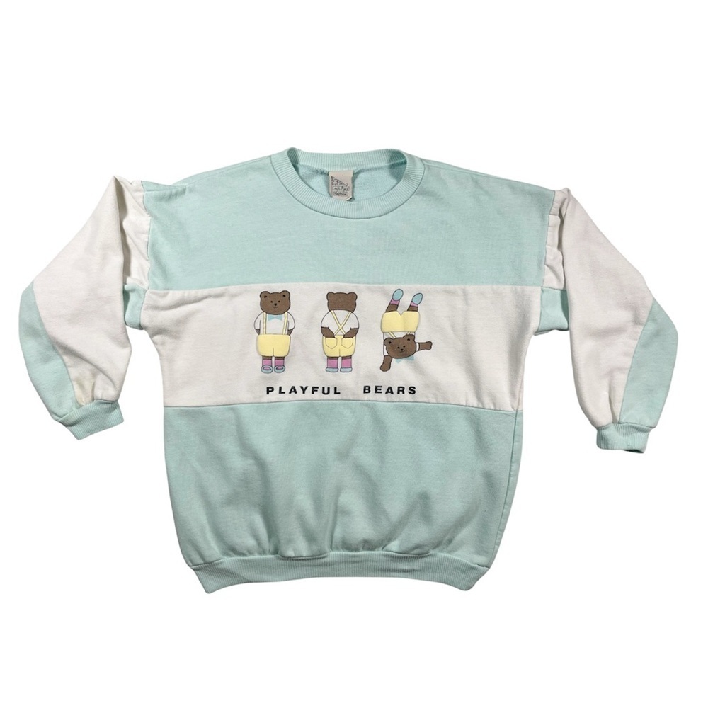 Vintage 80s90s Playful Bears Sweatshirt Mint Green White Colorblock Cute Graphic